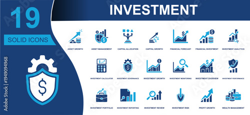 Investment icon set. Containing asset growth, management, capital allocation, forecast, monitoring, portfolio, reporting, review, risk, wealth, profit and more. Solid fill vector icons