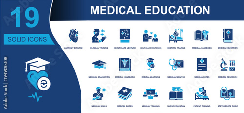 Medical education icon set. Containing anatomy diagram, clinical training, healthcare lecture, research, nurse education, patient training, handbook, notes and more. Solid fill vector icons