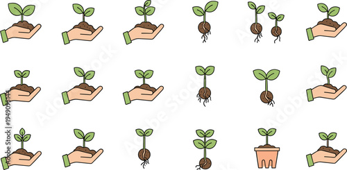 Plant Growth and Care Vector Set Featuring Hands Holding Seedlings, Roots, and Potted Plants for Gardening and Environmental Illustrations