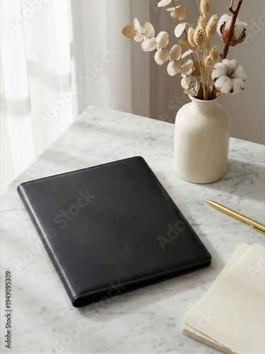 Black folder sits on marble table with decorative vase and pen