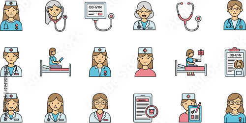 Medical Professional Icon Set with Female Doctors, Nurses, and Medical Equipment