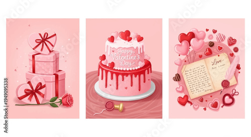 Valentine's Day themed illustrations with gifts cake and book.