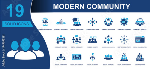 Modern community icon set. Containing engagement, management, network, organization, services, support, digital society, social harmony, responsibility and more. Solid fill vector icons