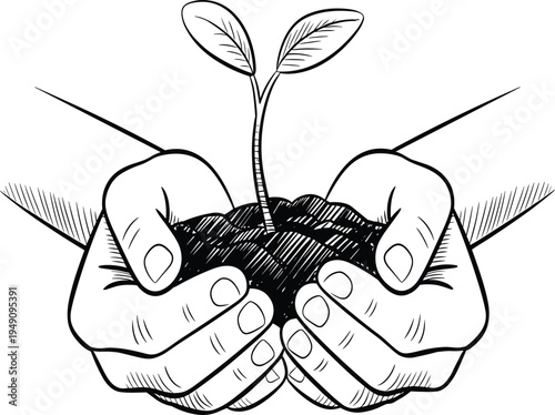 Hand drawn vector illustration of hands holding growing plant, eco friendly nature concept, sketch style, isolated