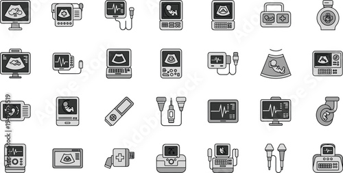 Ultrasound Equipment Icon Set with Medical Monitors, Heartbeat, and Fetal Imaging