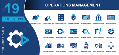 Operations management icon set. Containing operations analysis, checklist, compliance, dashboard, monitoring, planning, reporting, workflow, supply, resource and more. Solid vector icons