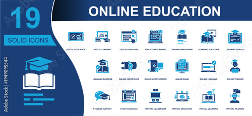 Online education icon set. Containing digital learning, education planning, learning platform, online exam, online teacher, virtual classroom, study schedule and more. Solid vector icons