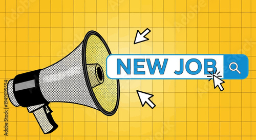 New job announcement with megaphone and search.