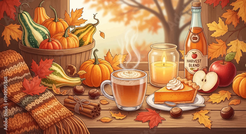 Autumn still life with pumpkin pie and hot drink.