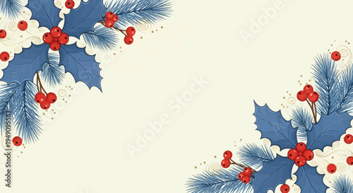 Holly leaves and berries on cream background.