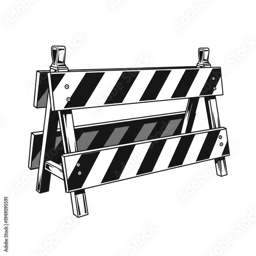 Portable striped barricade obstructing a road scene with metal posts and metal frame.