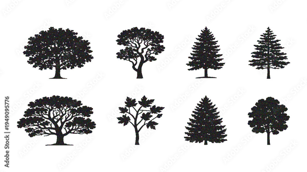 Fototapeta premium Silhouette Tree Set Vector Illustration Featuring Various Forest Trees, Natural Woodland Plant Collection Isolated on White Background for Landscape Design, Nature Graphics, Environmental Projects, Lo