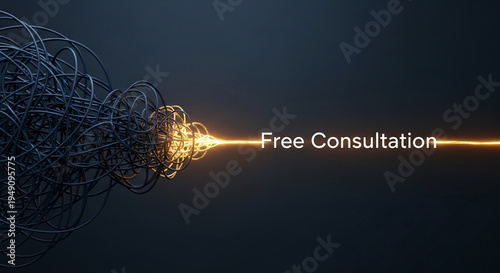 A glowing light breaks through a complex tangle of wires with a free consultation offer
