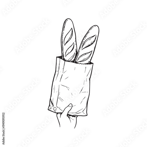 Hand-Drawn Sketch Illustration of Fresh Baguettes in a Paper Bag