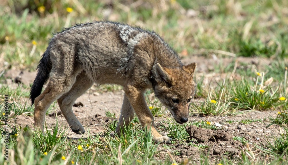 Obraz premium Wolf exploring grassy terrain with yellow flowers