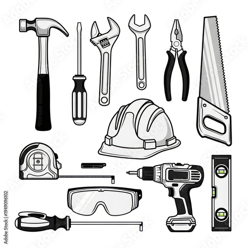 Set of various hand tools and safety gear arranged on a white background.