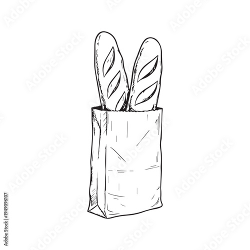 Hand-Drawn Sketch Illustration of Fresh Baguettes in a Paper Bag