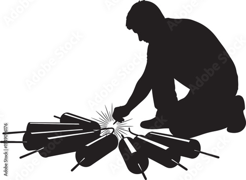 Black Silhouette Man Welding Metal Rods on White Background