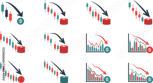 Financial Decline Icon Set with Currency, Bar Charts, and Reducing Trends
