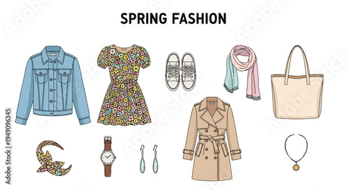 Assortment of light blue denim jacket floral dress sneakers scarf trench coat bag and accessories