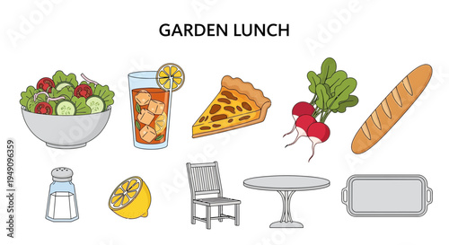 Illustration of food and dining items for a garden lunch including salad iced tea pie radishes bread salt lemon chair table and tray
