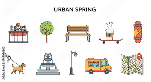 Set of ten flatstyle icons depicting urban spring activities and objects
