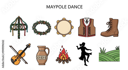 Ten icons related to Maypole dance including traditional items and activities
