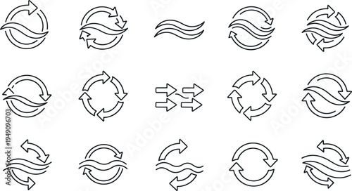 Circular Flow and Wave Icon Set with Arrows, Rotation, and Cycle Illustrations
