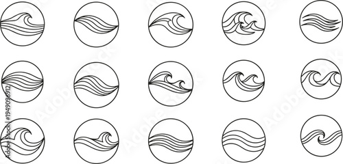 Circular Wave Icon Set with Different Styles for Water, Ocean, and Surfing IllustrationsCircular Wave Icon Set with Different Styles for Water, Ocean, and Surfing Illustrations