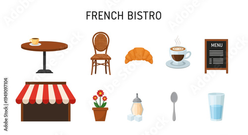 French bistro icons including table chair pastry coffee menu awning flower sugar spoon and water glass