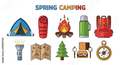 Collection of ten colorful flatstyle icons representing spring camping gear and activities