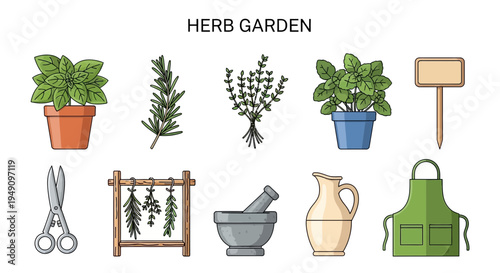 Flat illustration of herb garden elements including potted herbs herbs drying scissors mortar and pestle pitcher marker and apron
