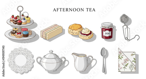 Illustrated collection of items for afternoon tea including pastries sandwiches jam and service ware