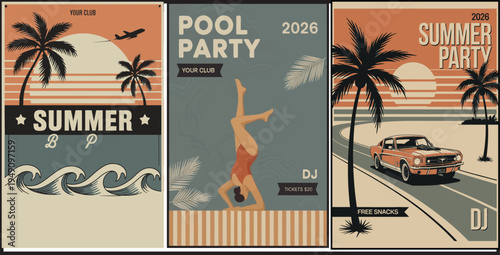 Retro Summer Beach Party Posters and Poolside Vacation Flyers in Flat Design Style, Colorful Travel and Holiday Concept Vector Illustration Set for Tropical Events, Summer Festivals, Pool Party Invita