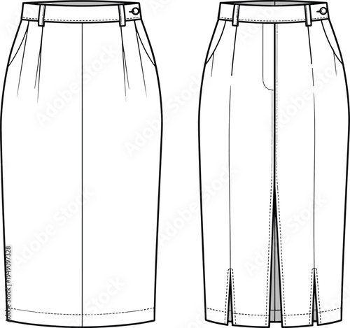 High-waisted midi skirt with front slits and belt loops, technical fashion sketch, front and back view, CAD flat vector illustration