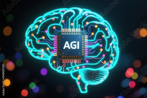 Artificial intelligence chip inside glowing brain circuit symbolizes agi general intelligence for workforce optimization in technology