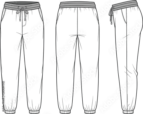 Joggers technical fashion sketch, front, back, and side view with drawstring, CAD flat vector illustration for apparel design template