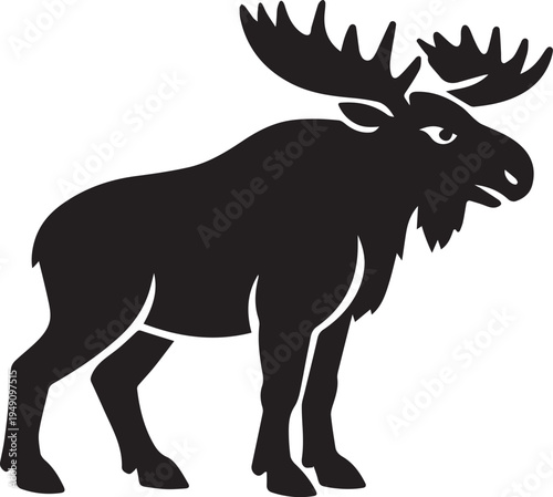 Moose silhouette with large antlers, a large mammal, black illustration, graphic resource
