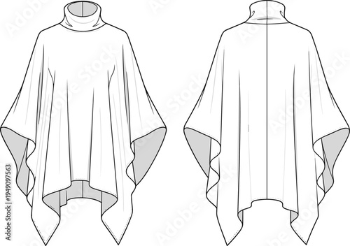 Turtleneck poncho technical fashion sketch, front and back view, apparel design, CAD flat vector illustration for fashion template