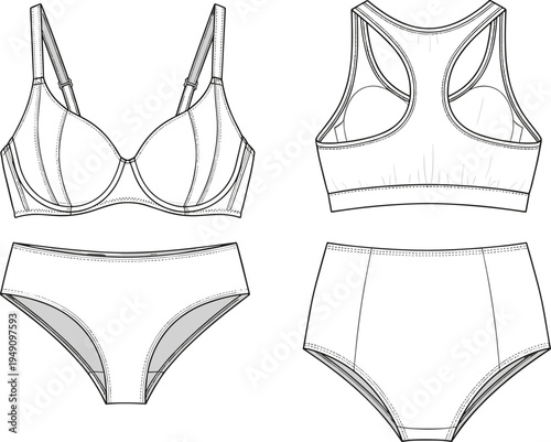 Lingerie set technical fashion sketch, front and back view of bra and panty, CAD flat vector illustration for apparel design