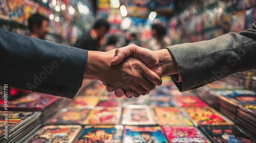 Business handshake over comic book display in store, partnership concept.