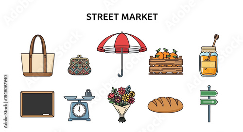 Row of nine flatstyle icons representing street market goods and objects