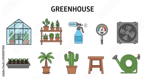 Collection of greenhouserelated icons including structures plants tools and equipment