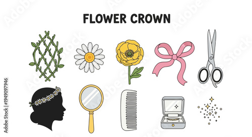 Collection of icons related to making a flower crown including flora tools and accessories