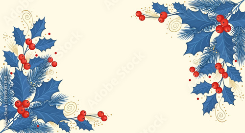 Holly leaves and berries decorative border.