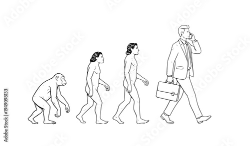 Human evolution from monkey to modern businessman talking on phone sketch vector