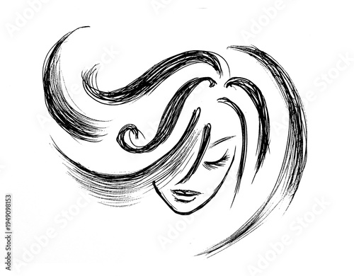 Stylized black and white portrait of a woman with closed eyes and flowing hair on a white background