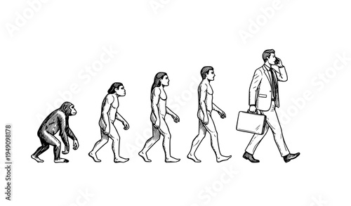 Human evolution from monkey to modern businessman talking on phone sketch vector