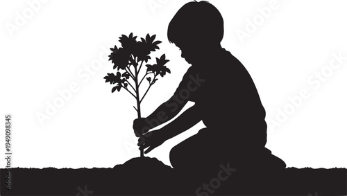 Boy Planting Tree Silhouette Isolated on White