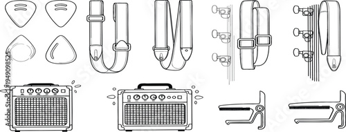 Guitar accessories outline vector set including picks, strap, capo, amplifier and tuning pegs detailed musical equipment line art illustration collection